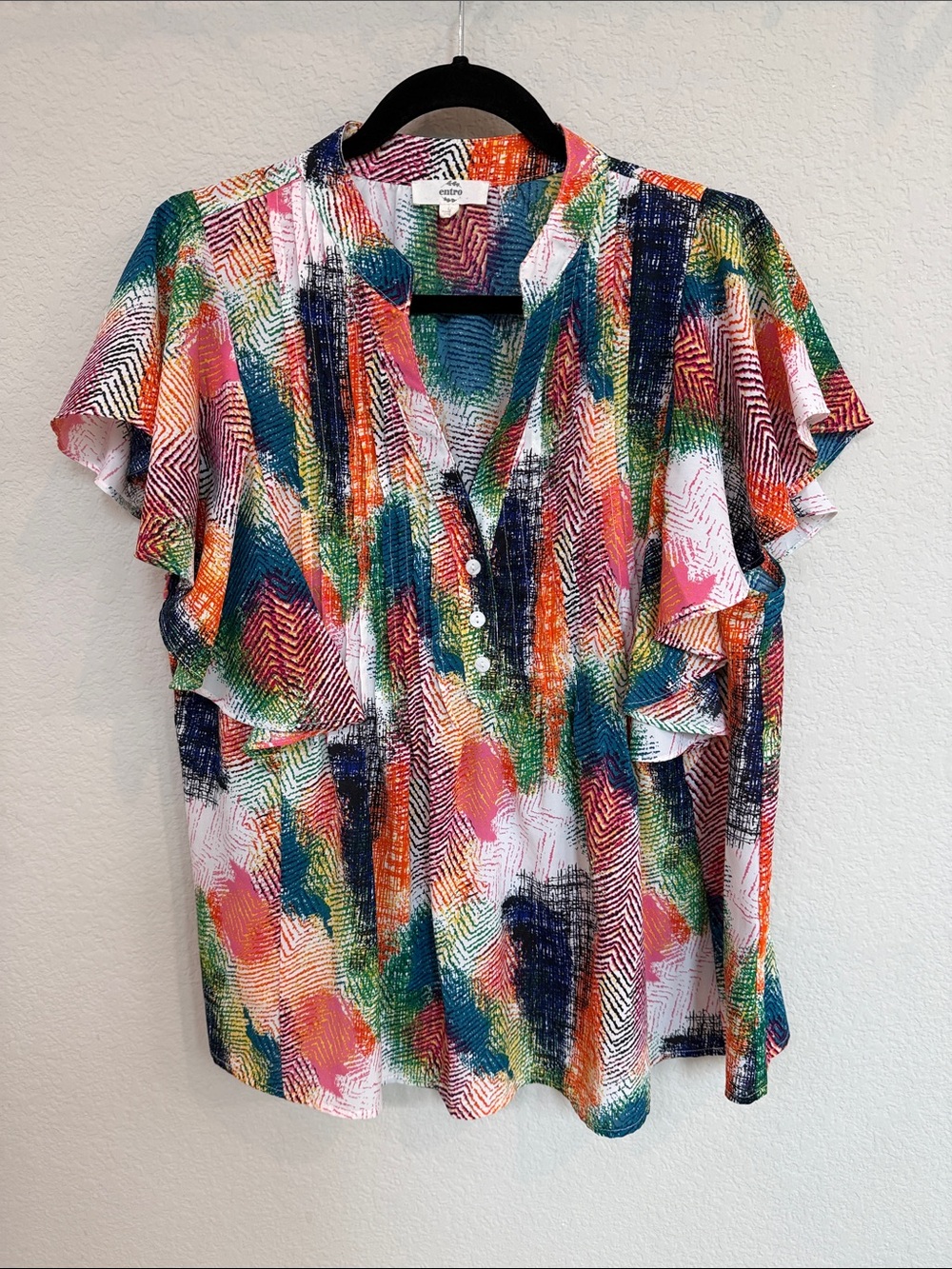 entro Multicolor Abstract Flutter Sleeve V-Neck Blouse